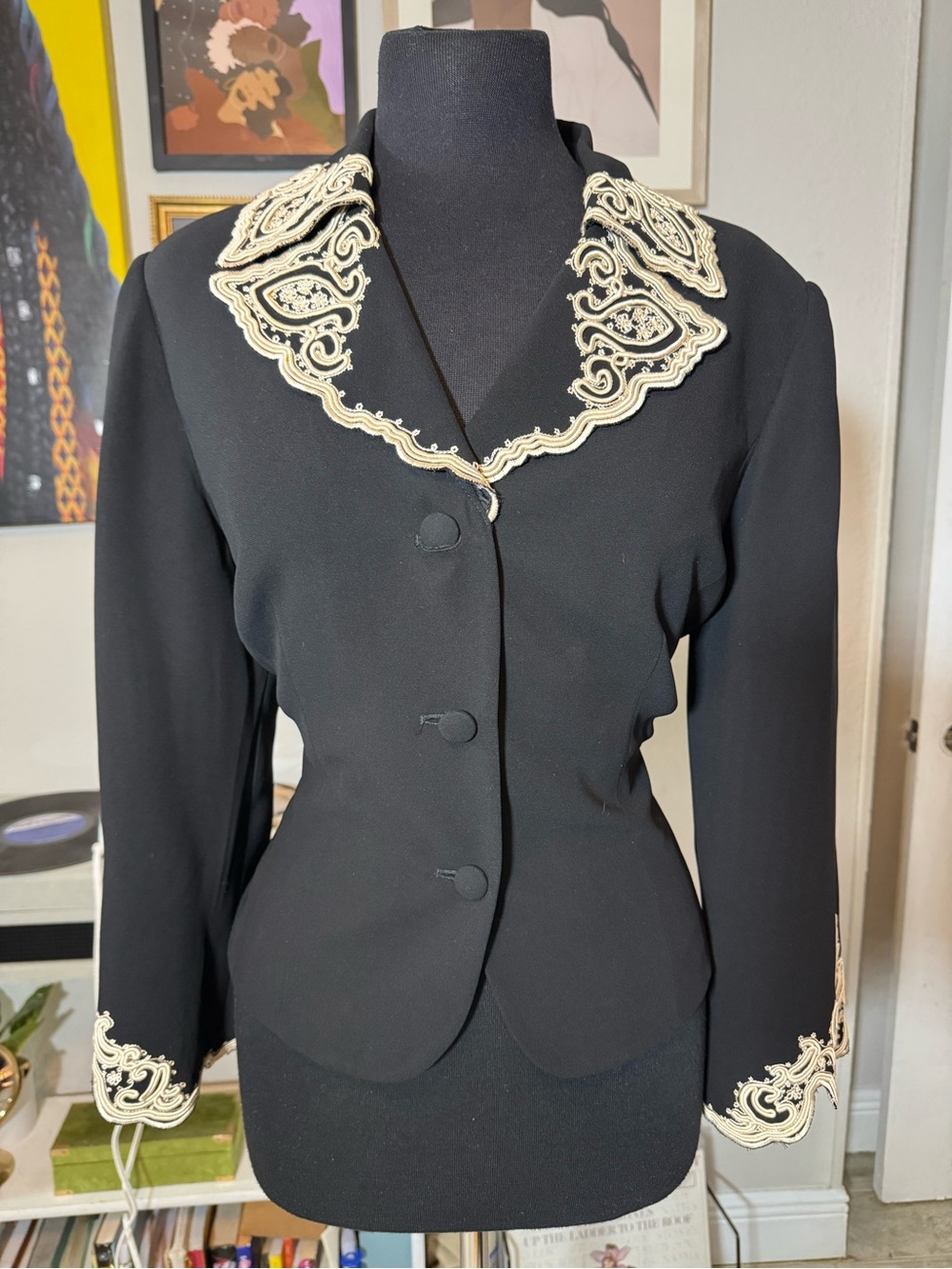 Vintage Maggy London Black Women's Tailored Jacket with Cream Embroidered Collar